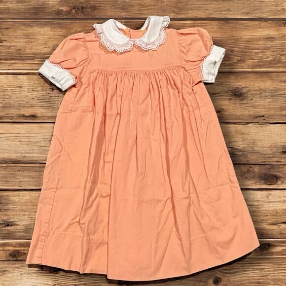 Handmade Girls Bishop Dress Peach White Lace Collar Puff Sleeve Size 2T/3T - Picture 2 of 5